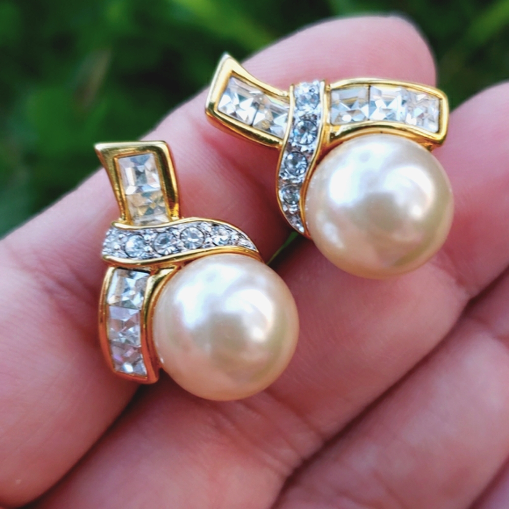 Vtg Kenneth Jay Lane Kjl Pearl Diamante Rs Earring - image 1